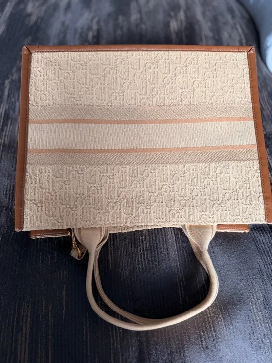 Dior Cream Canvas Book Tote with Tan Trim and Black Logo - Picture 4 of 8